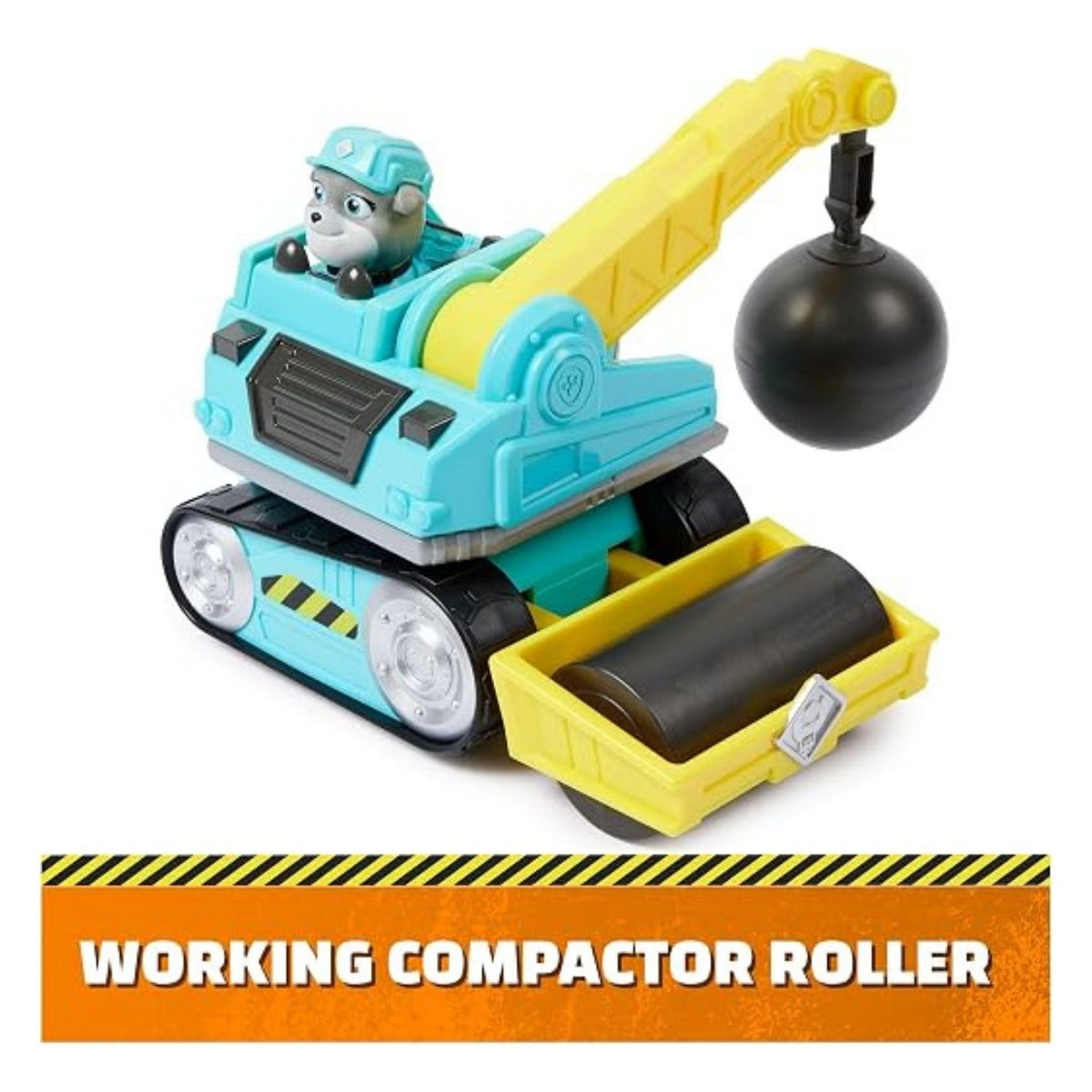 Construction toy with character figurine sitting on it with white background.