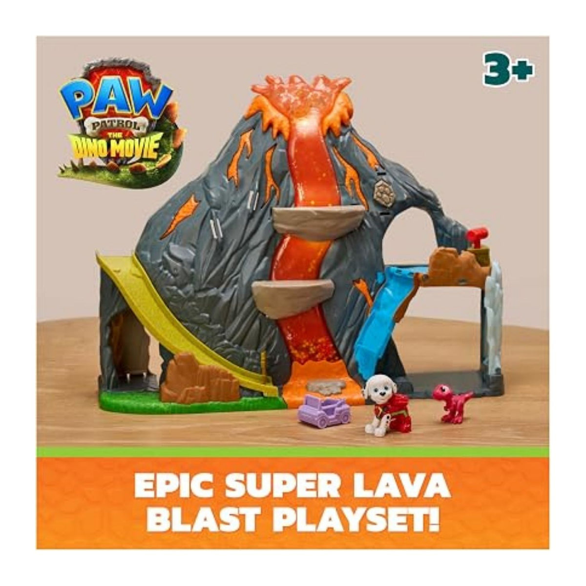 A view of the front of the Paw Patrol Volcano with some Paw Patrol characters in view.