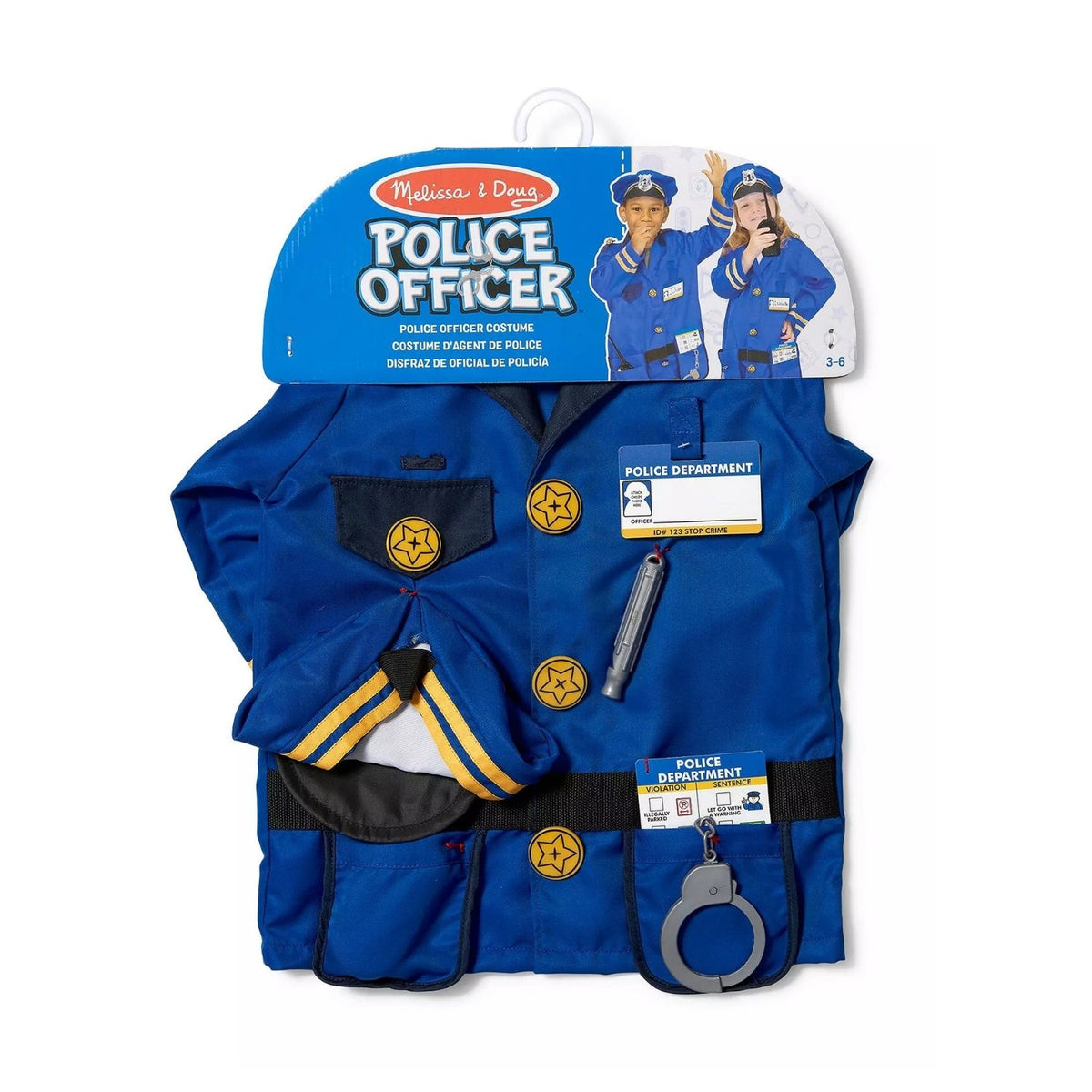 Police Officer costume set in retail packaging against white background. 