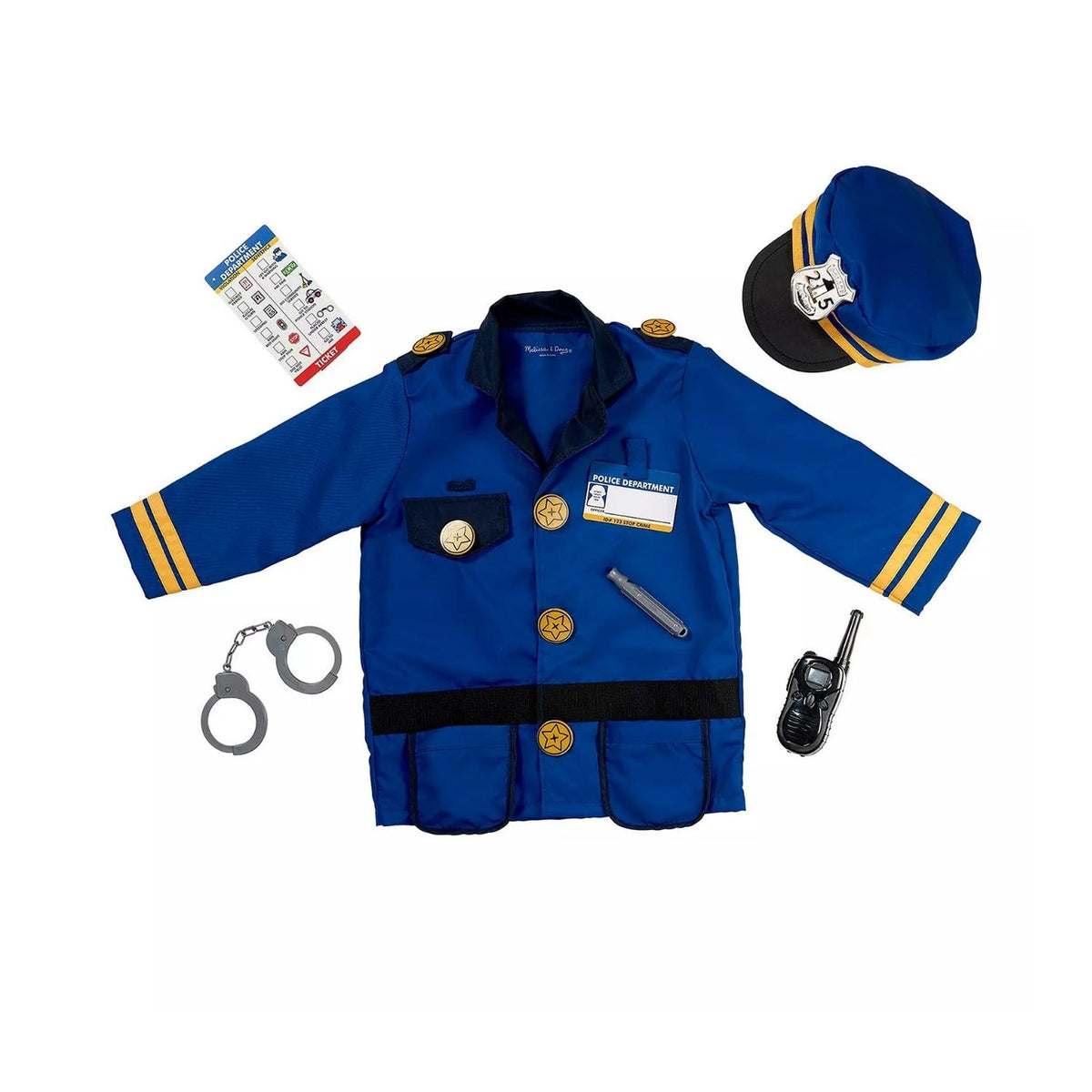 Police officer costume and what is included laid out against white backround.