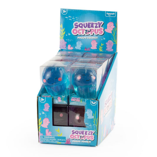 Squeezy Octopus toy packaging with blue octopus figure inside on a white background