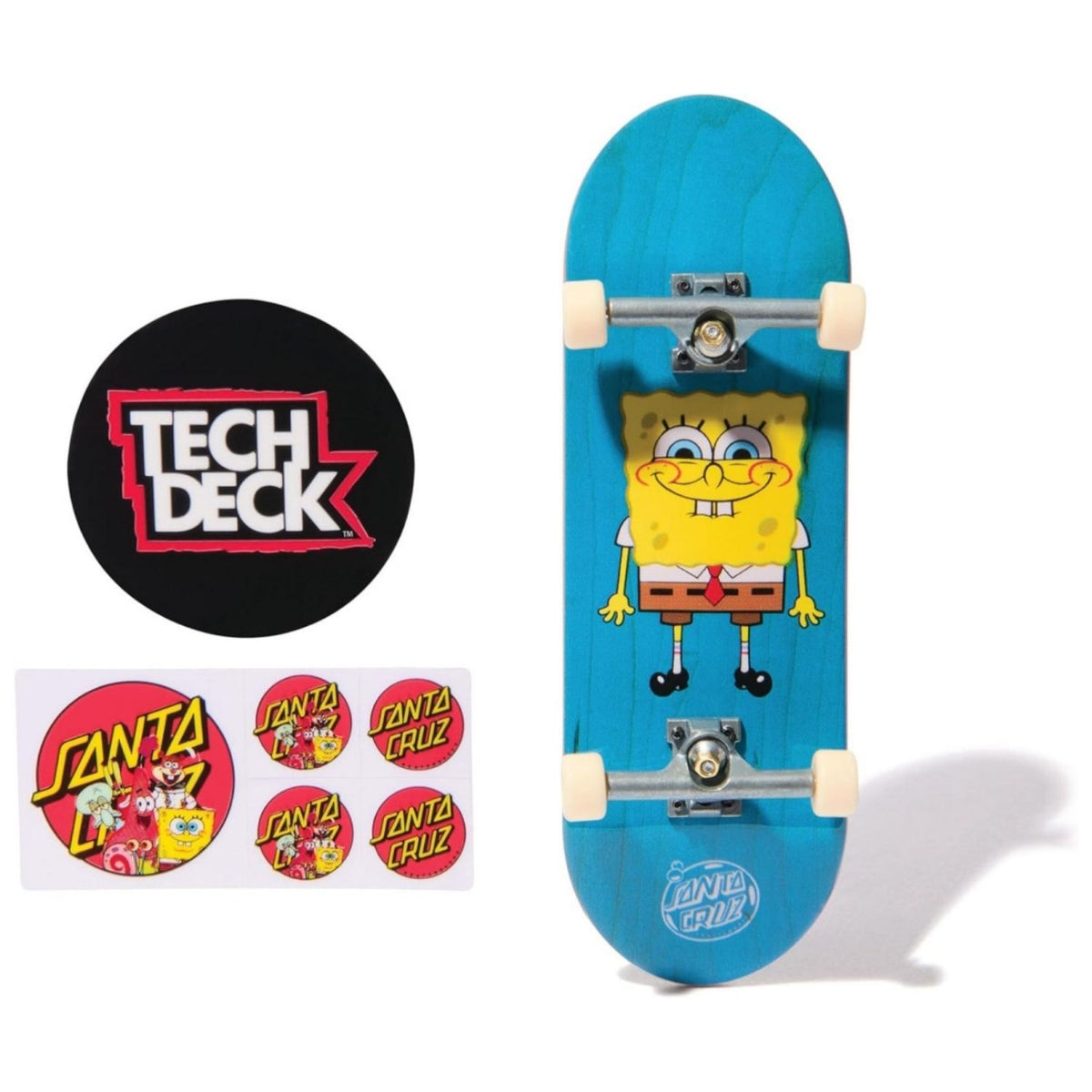 A Spongebob finger skateboard showing what is included against a white background.