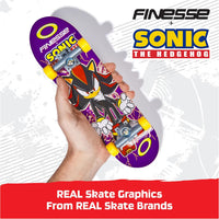 Fingerboard with Sonic the Hedgehog design held in a hand, branded with Finesse and Sonic the Hedgehog logos.