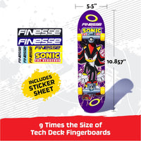 Finesse Sonic the Hedgehog skateboard deck with measurements and branding details.