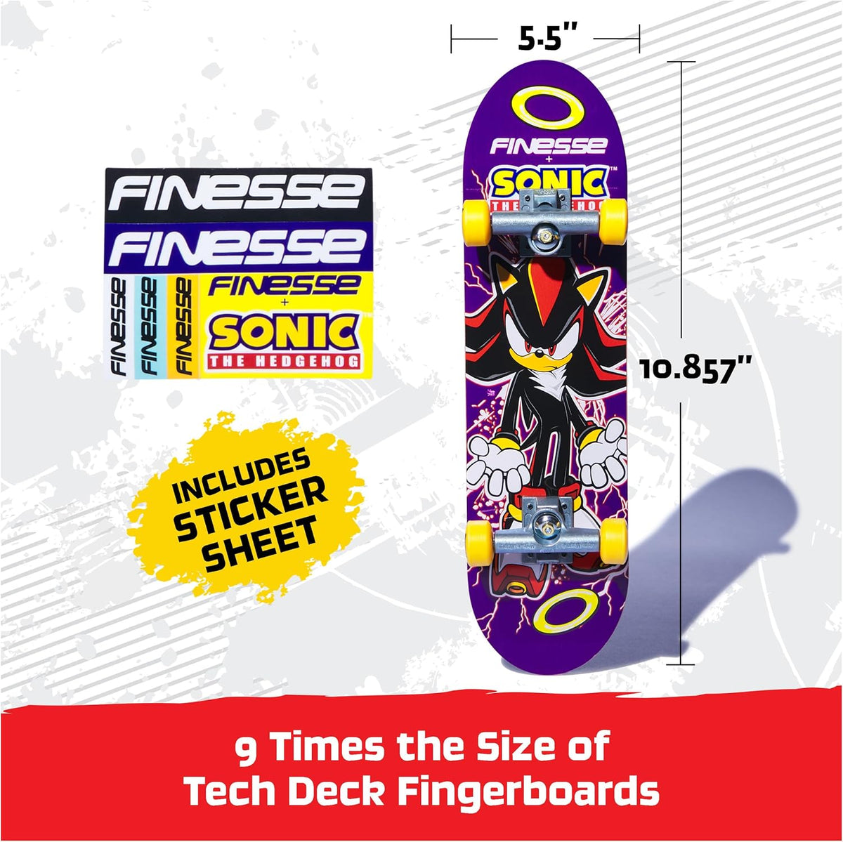 Finesse Sonic the Hedgehog skateboard deck with measurements and branding details.