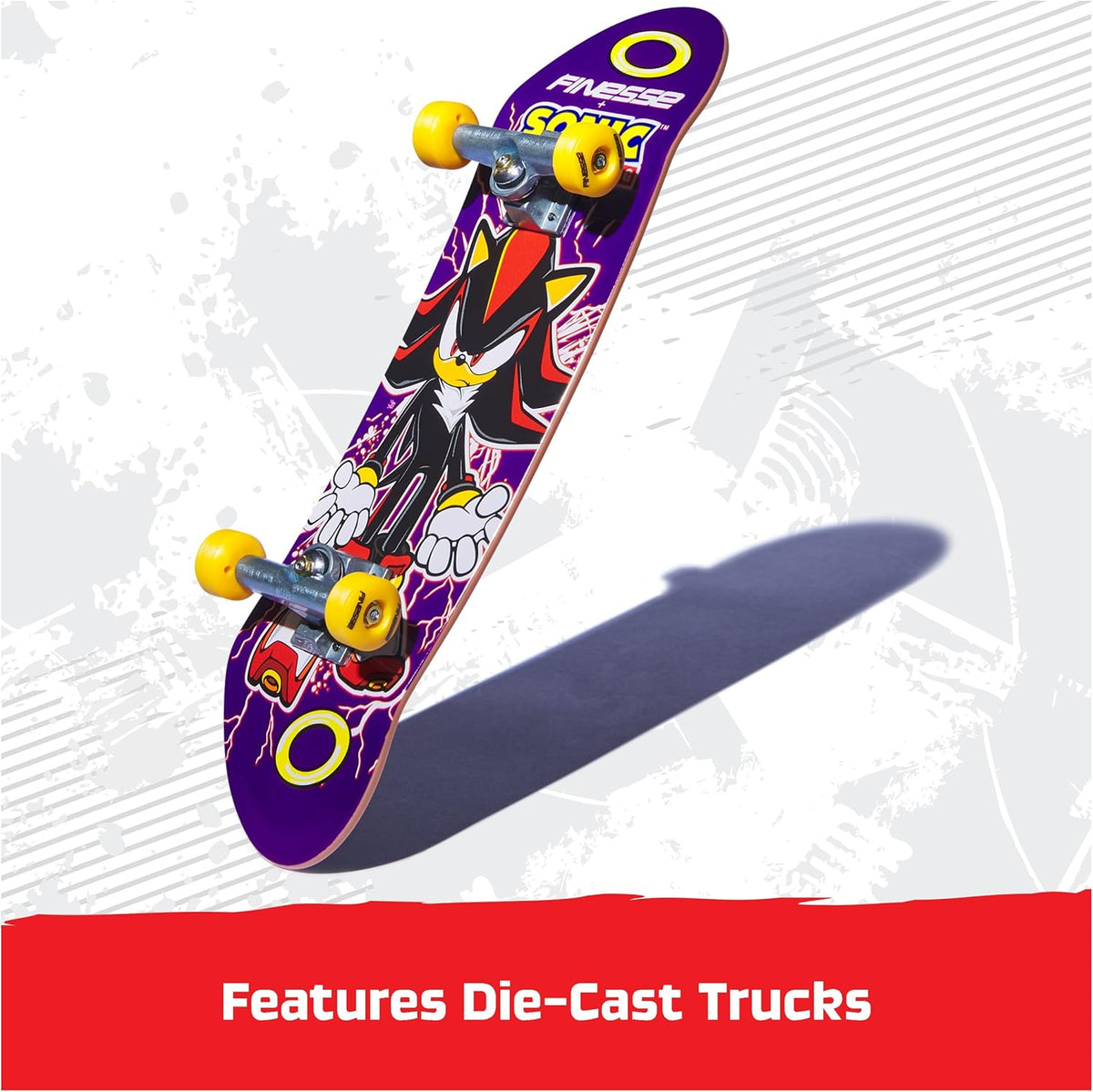 Colorful skateboard with die-cast trucks on a white background
