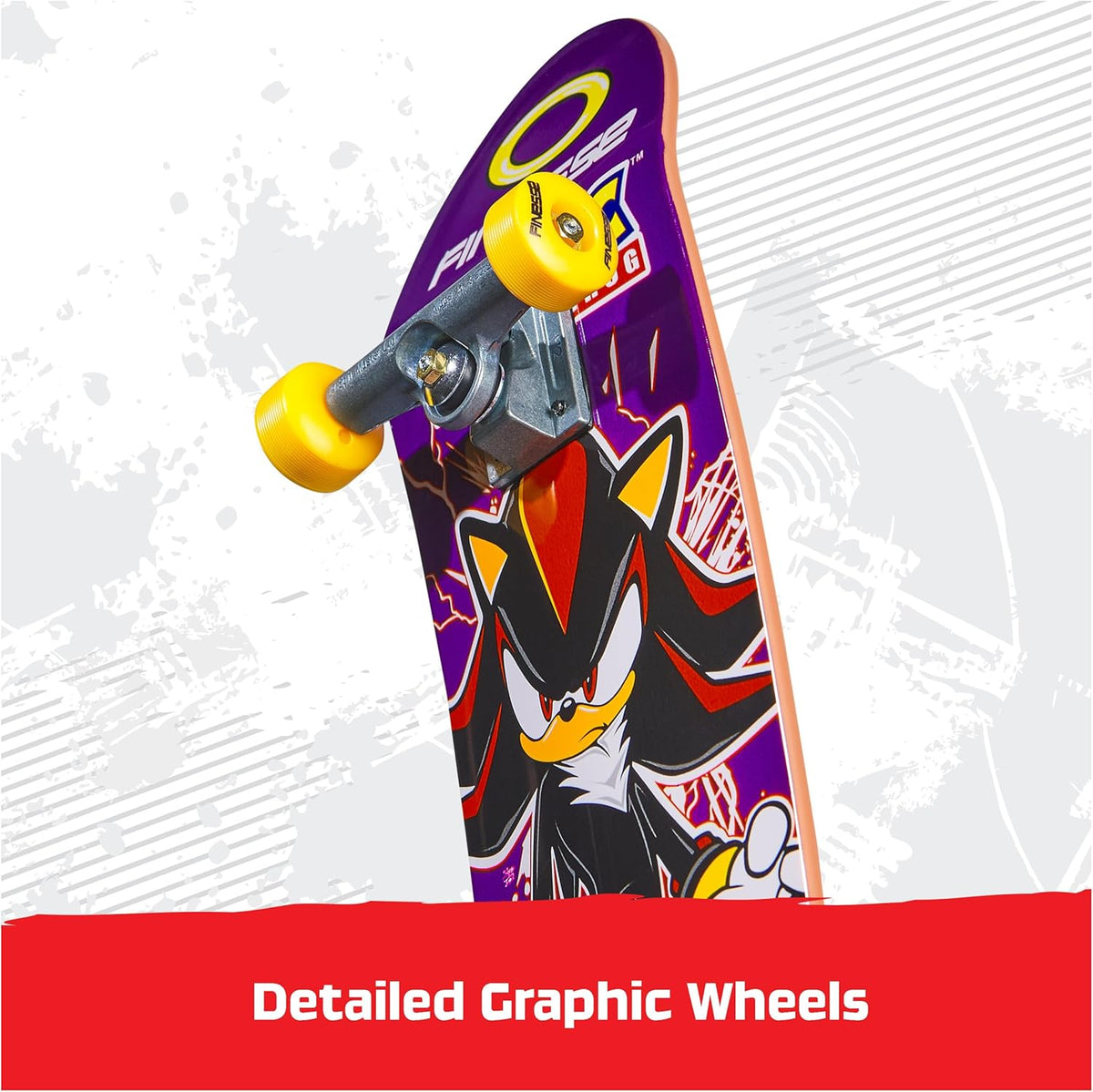 Skateboard with colorful design and yellow wheels on a white background