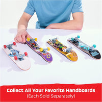 Colorful mini skateboards on a white surface with a person holding one, promotional text at the bottom.