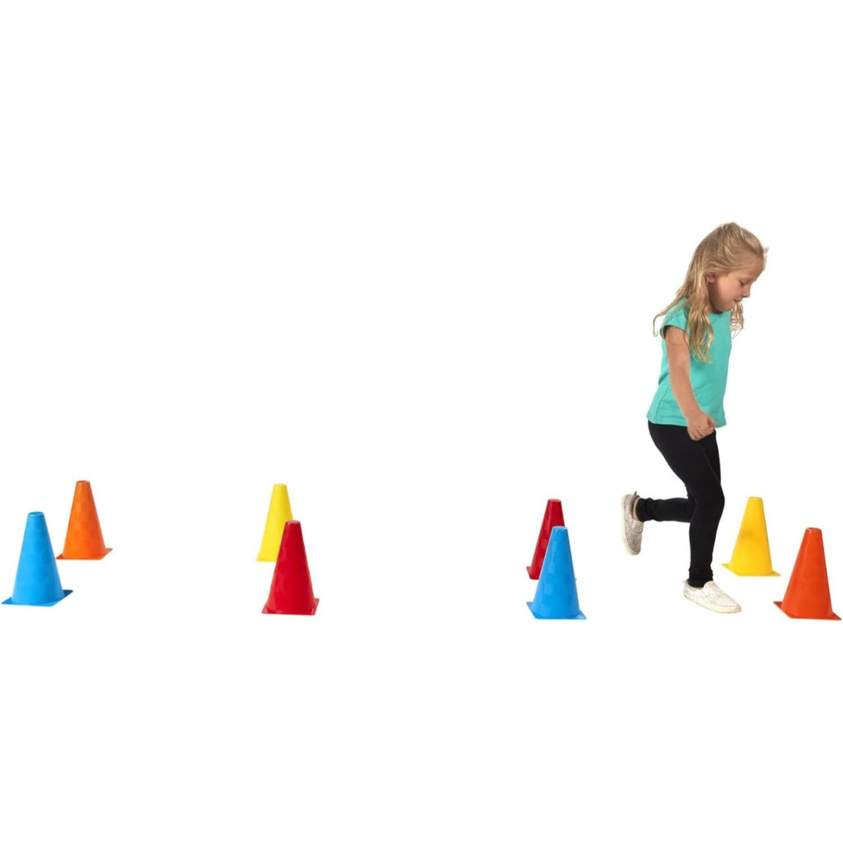 girl playing with cones on white background 
