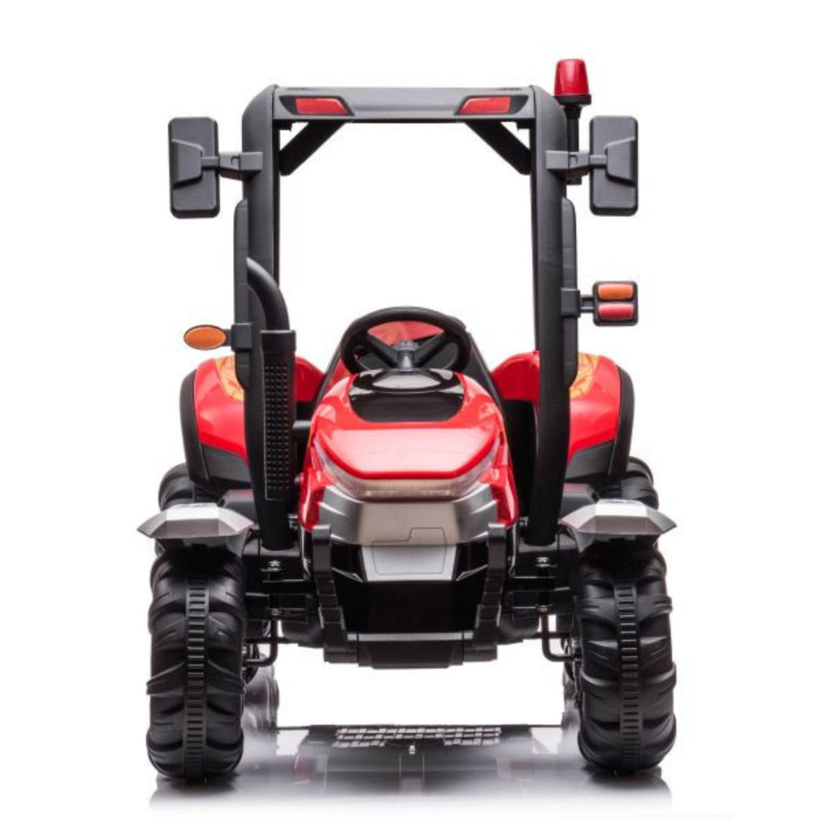 front of red ride on tractor 