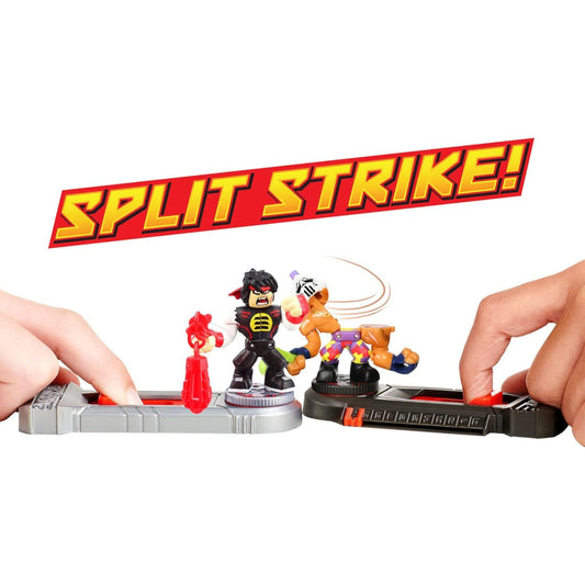 close up of mini battling action figures being played with 