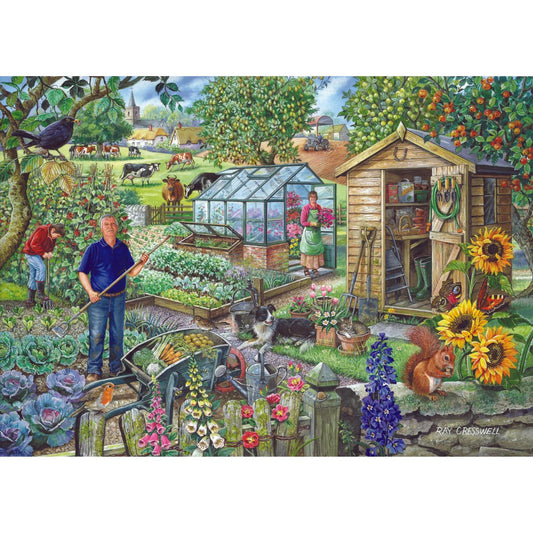 jigsaw puzzle showing people working in a garden allotment on a white background 
