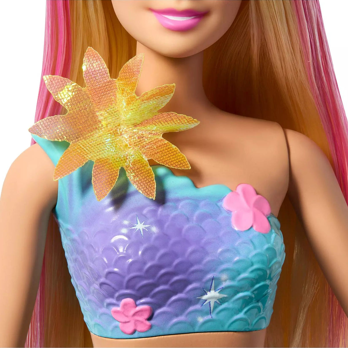 close up of flower detail on mermaid barbie