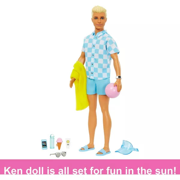 barbie ken doll with accessories and text on white background 