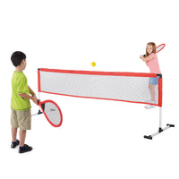 children playing with tennis set on white background 
