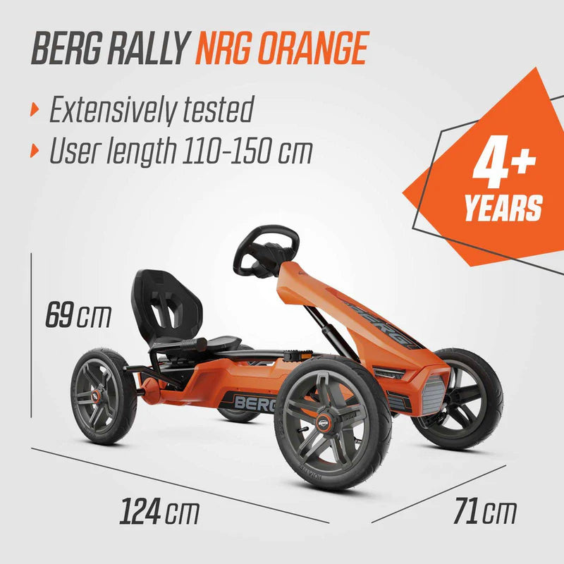 orange go kart on white background with text explaining dimensions 