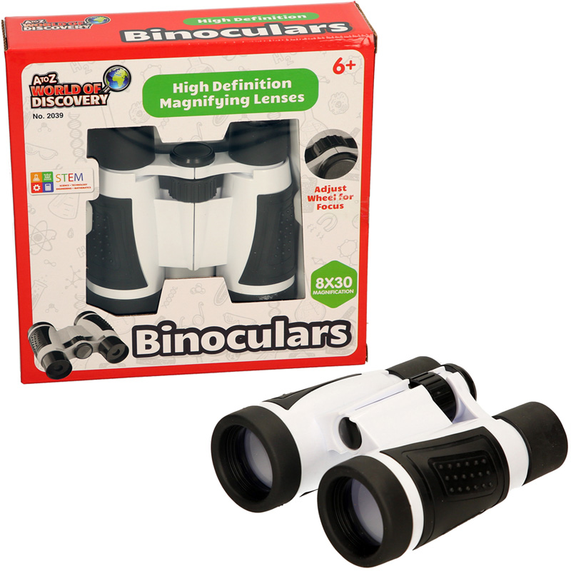 white and black binoculars pictured with packaging 