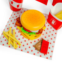 wooden burger and fries playset displayed on white surface from above 
