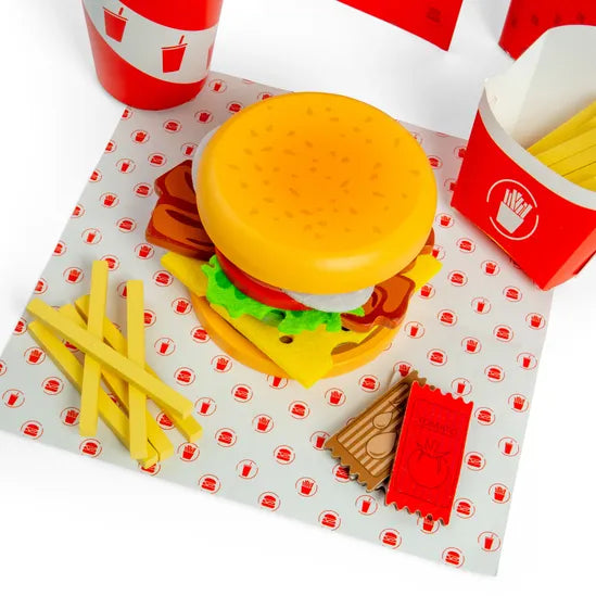 wooden burger and fries playset displayed on white surface from above 