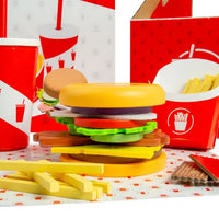 close up of wooden burger and fries playset 