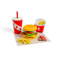 wooden burger and fries playset displayed on white surface 