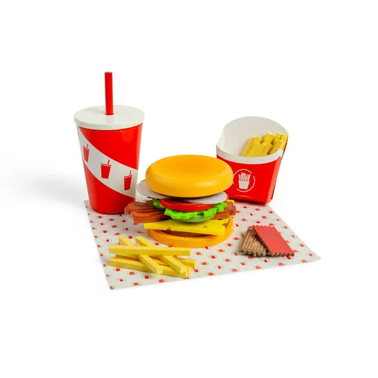 wooden burger and fries playset displayed on white surface 