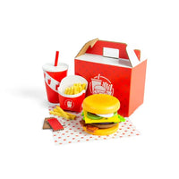 wooden burger and fries playset displayed on white surface 