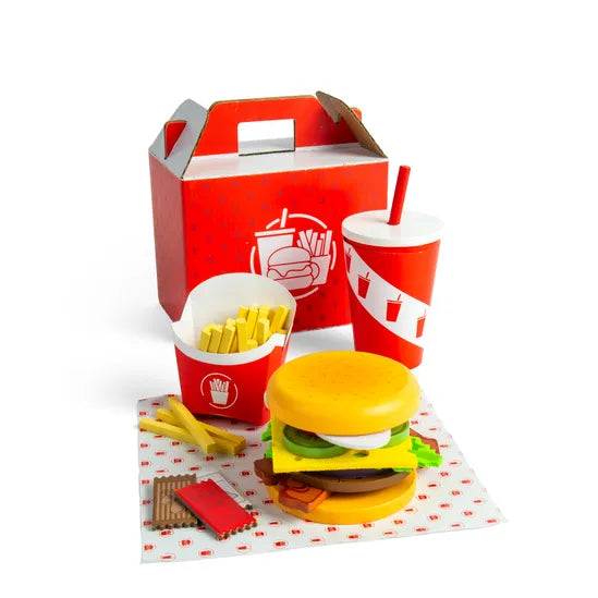 wooden burger and fries playset displayed on white surface 