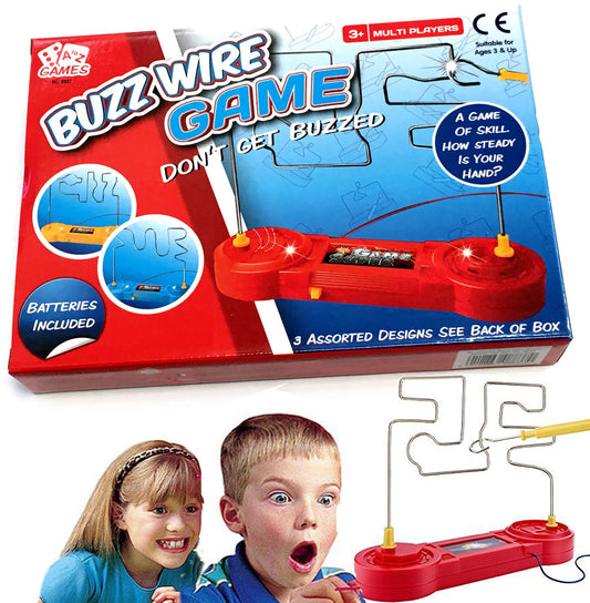 two children playing with buzz wire game and packaging in background 