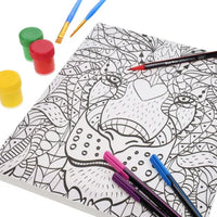 lion canvas with pencils around it 