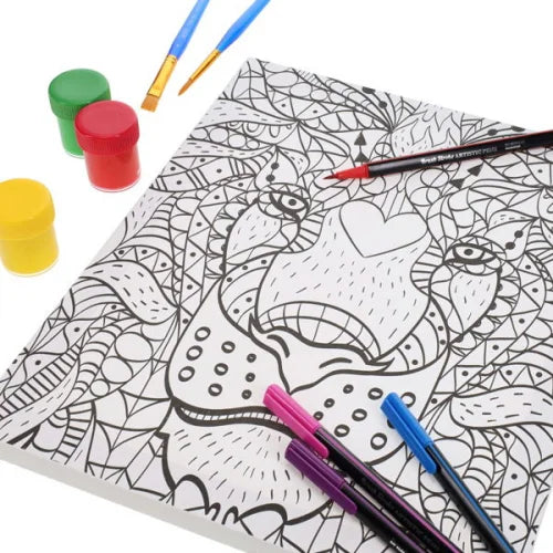 lion canvas with pencils around it 