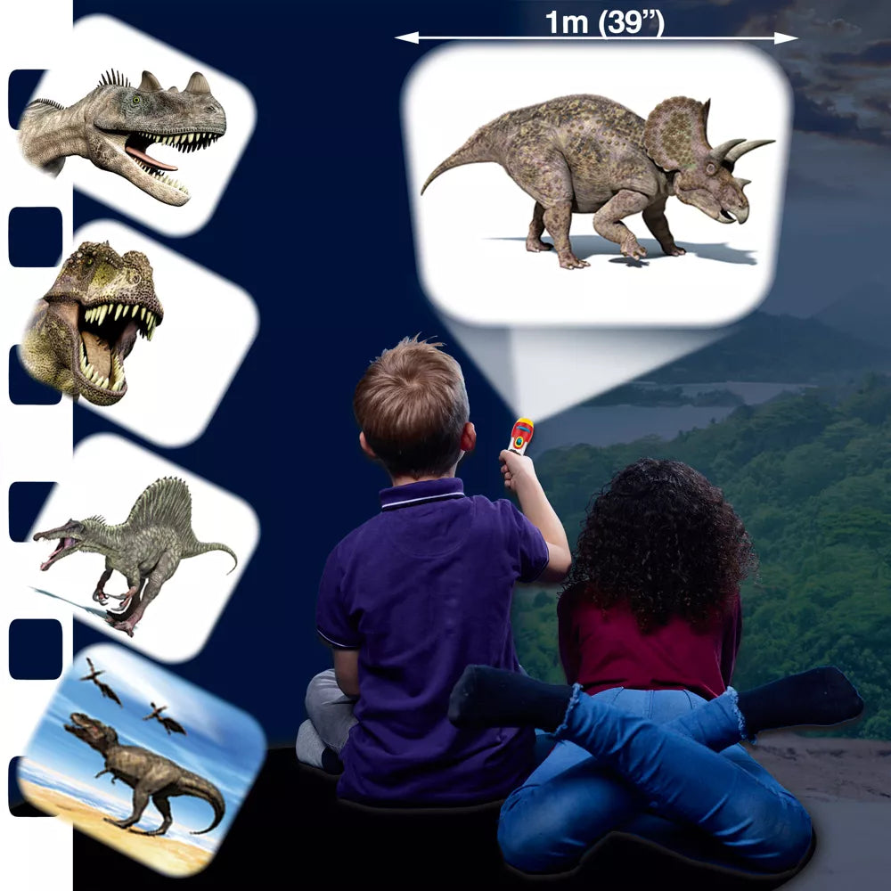 children using dinosaur torch and projector 