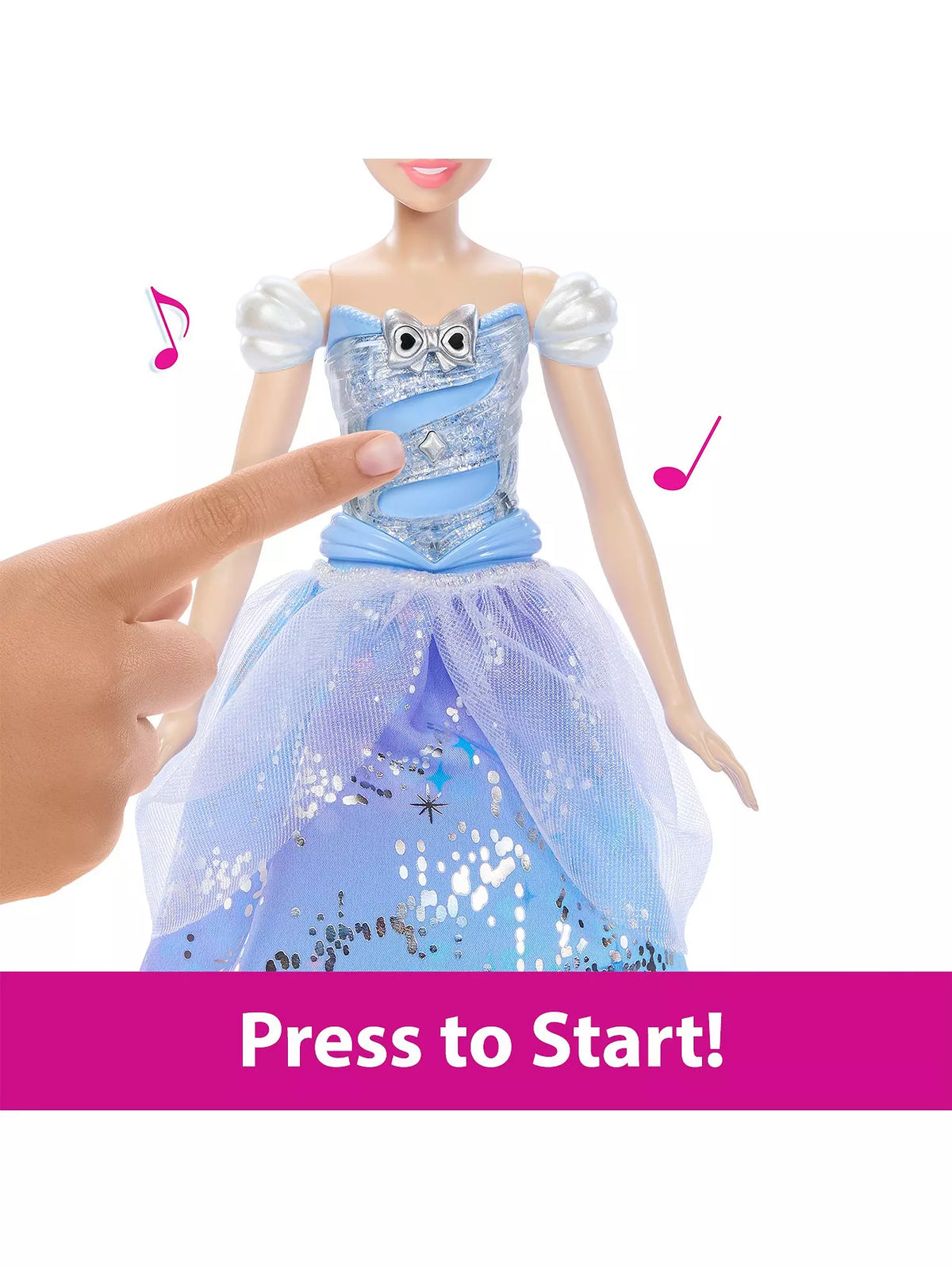 hand pressing button on doll in blue dress to make music play 
