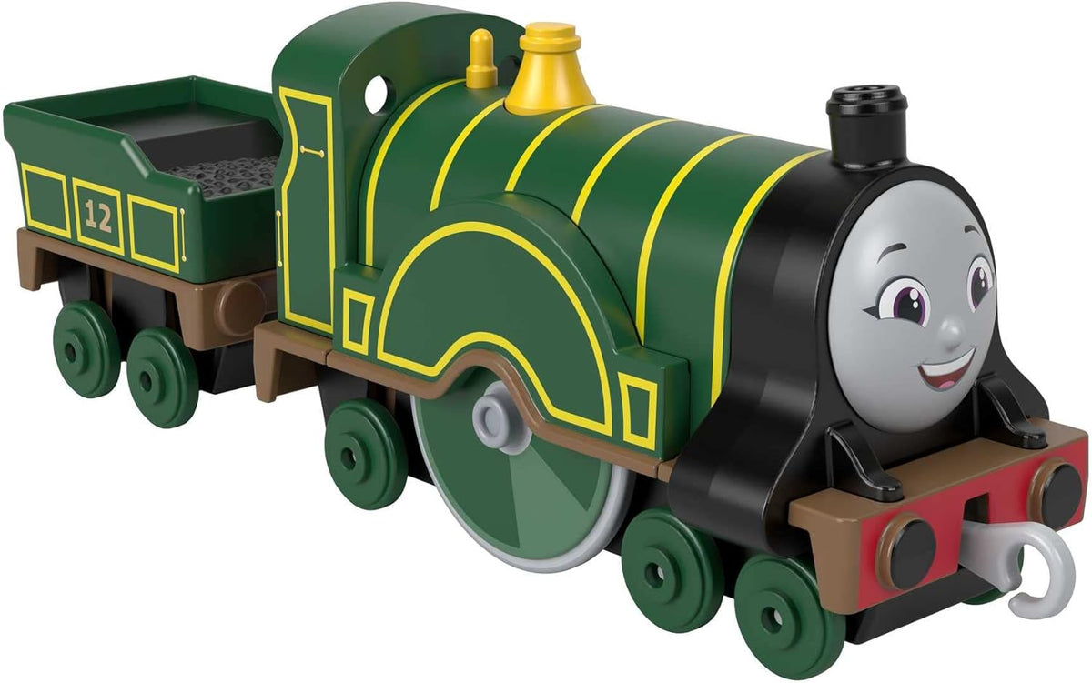 dark green and yellow train engine with extra car attachment on white background 