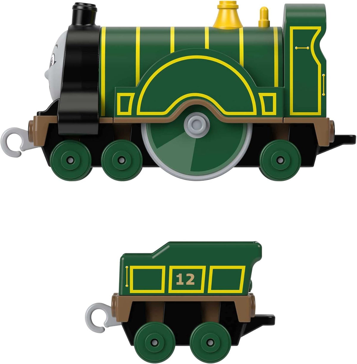 dark green and yellow train engine with extra car attachment on white background 