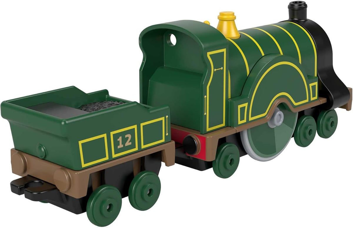 dark green and yellow train engine with extra car attachment on white background 