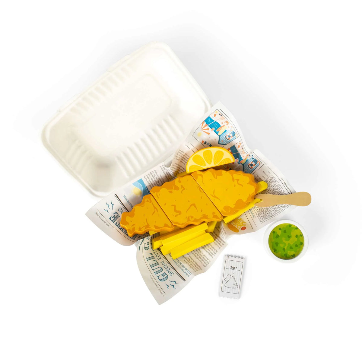 Wooden fish and chips playset displayed on white surface with white background