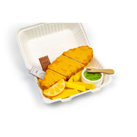 Wooden fish and chips playset displayed on white surface with white background