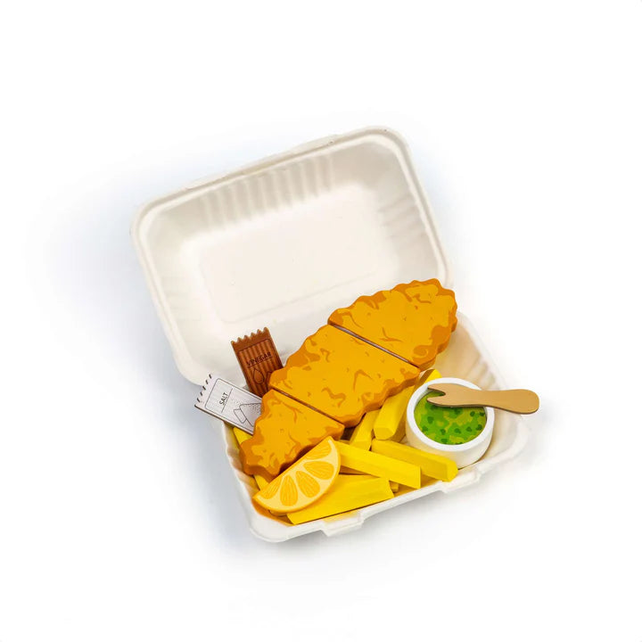 Wooden fish and chips playset displayed on white surface with white background