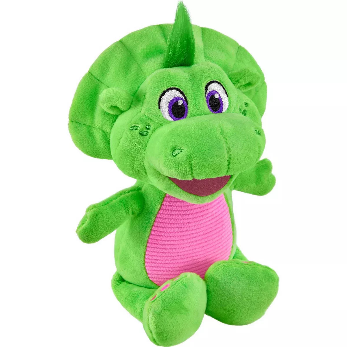 bright green and pink plush toy on white background 