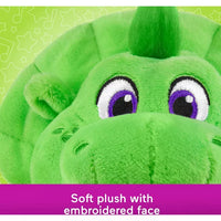 close up of bright green plush dinosaur with embroidered 