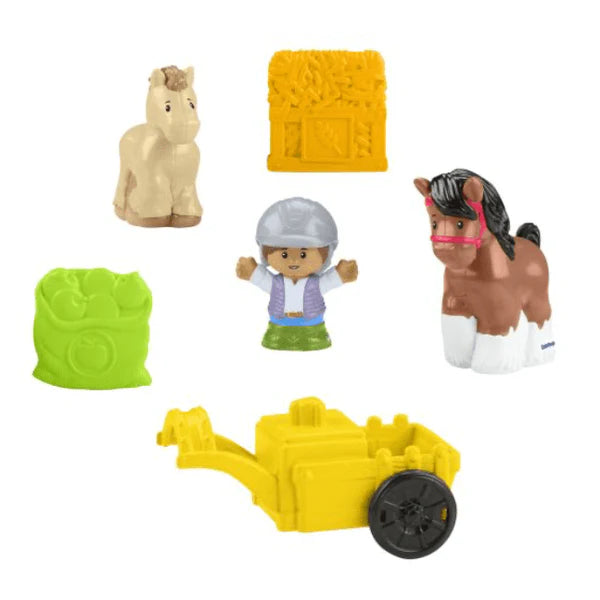 one man, two horse, one haybale, one bag of apples and one wheel barrow action figures
