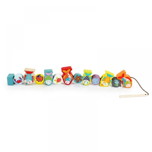 fish lacing toy on white background 
