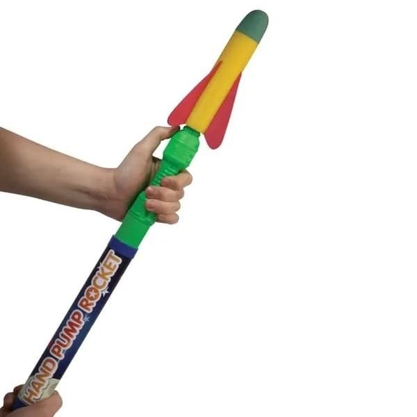 hands holding hand pump rocket