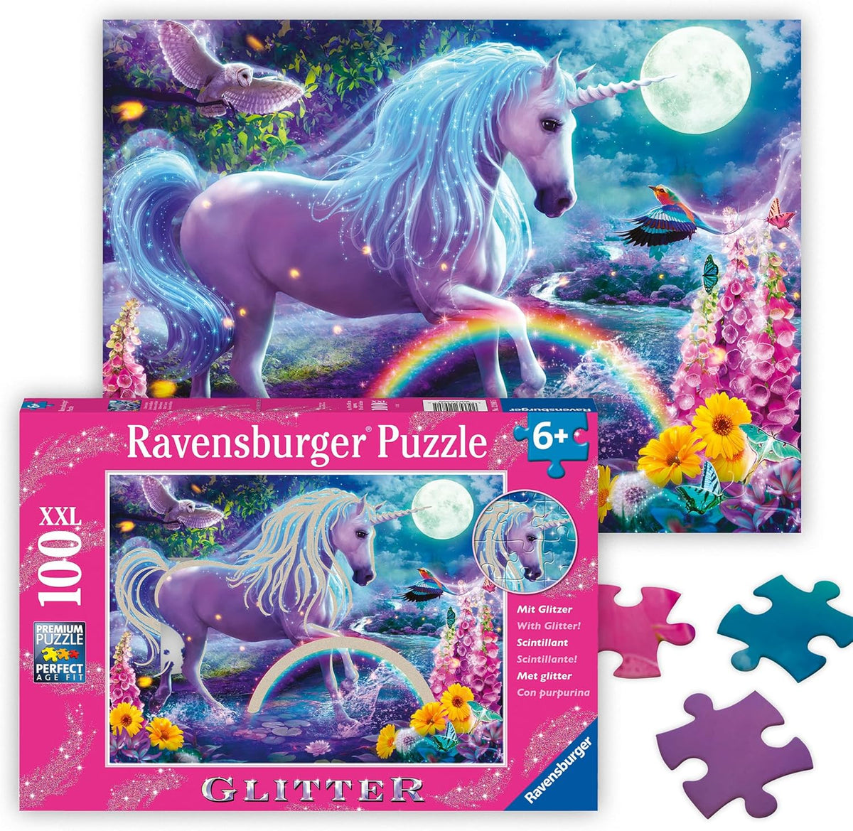 glitter unicorn jigsaw puzzle and box 