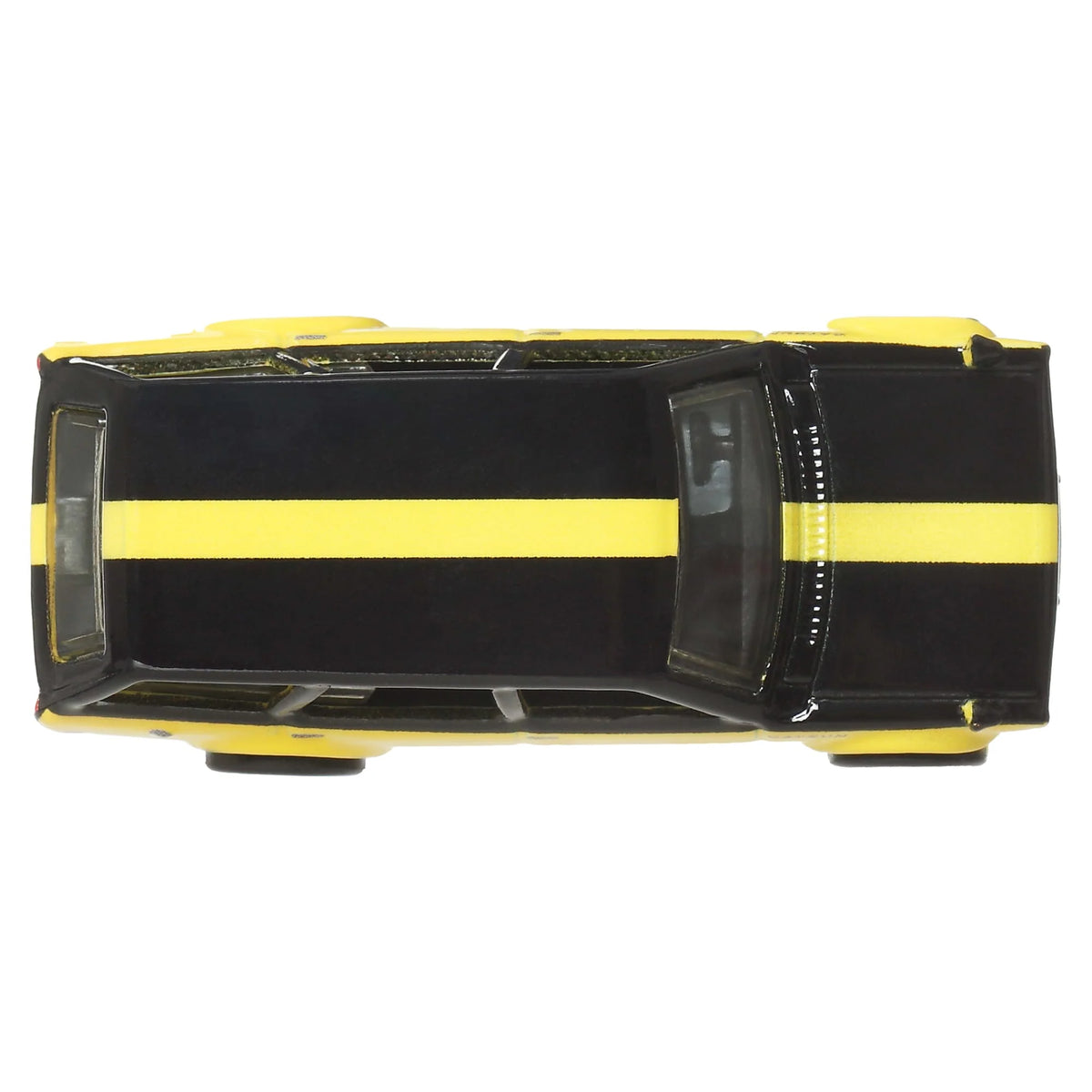 yellow and black model car on white background 