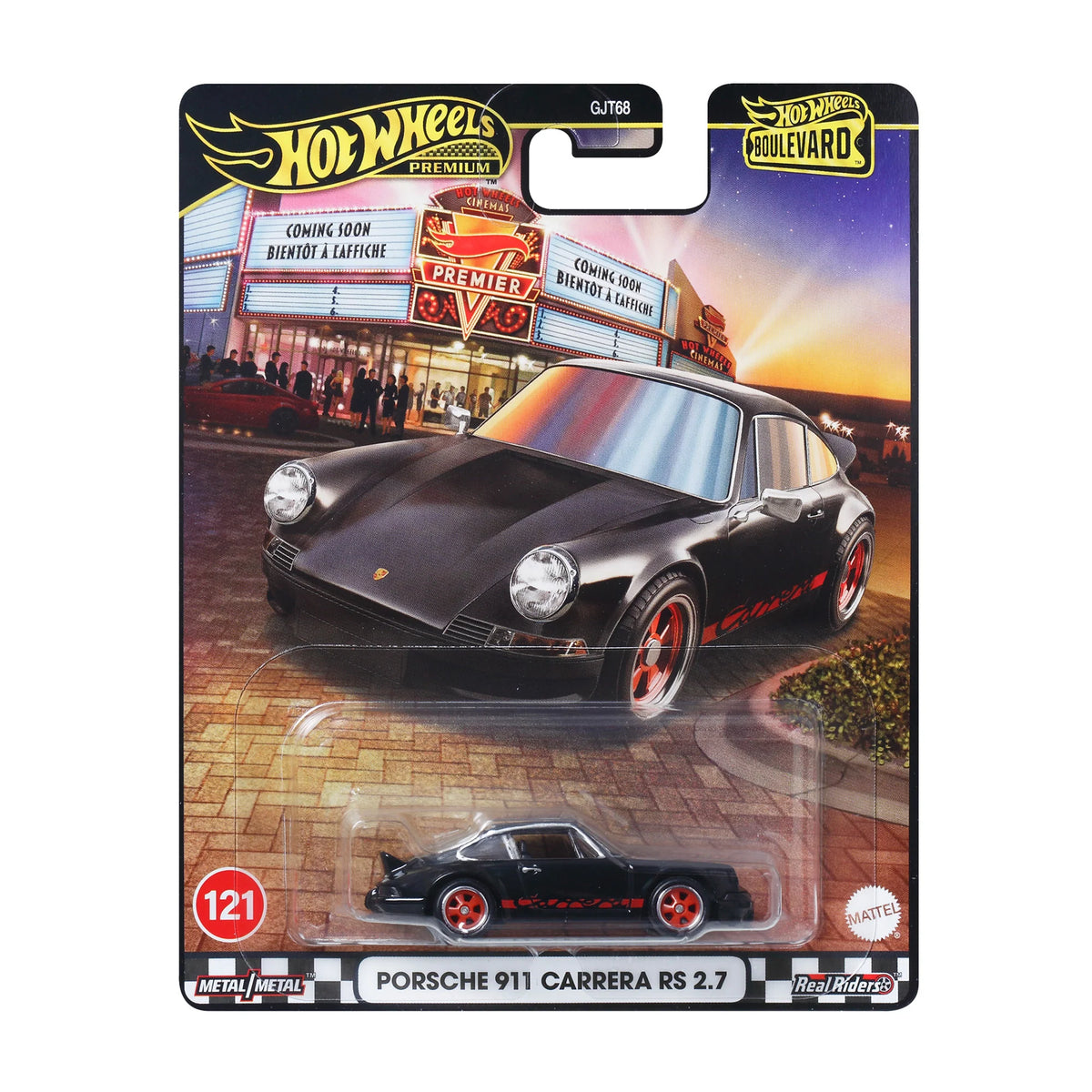 black and red model car in packaging on white background 