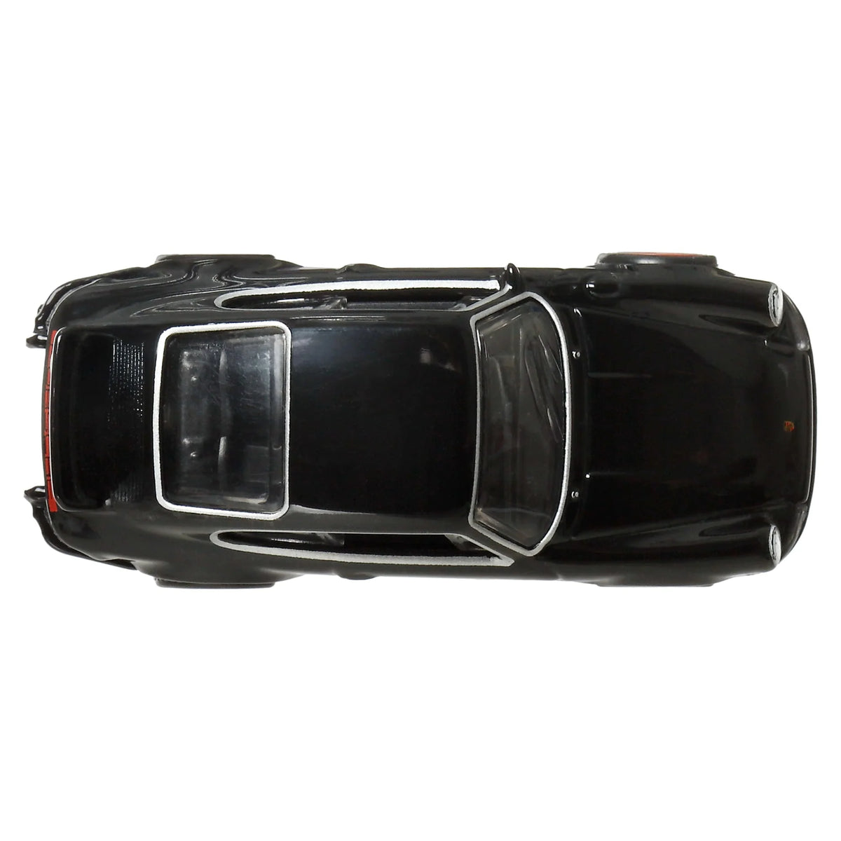 top of black and white model car on white background 
