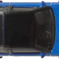 above view of bright blue model car on white background