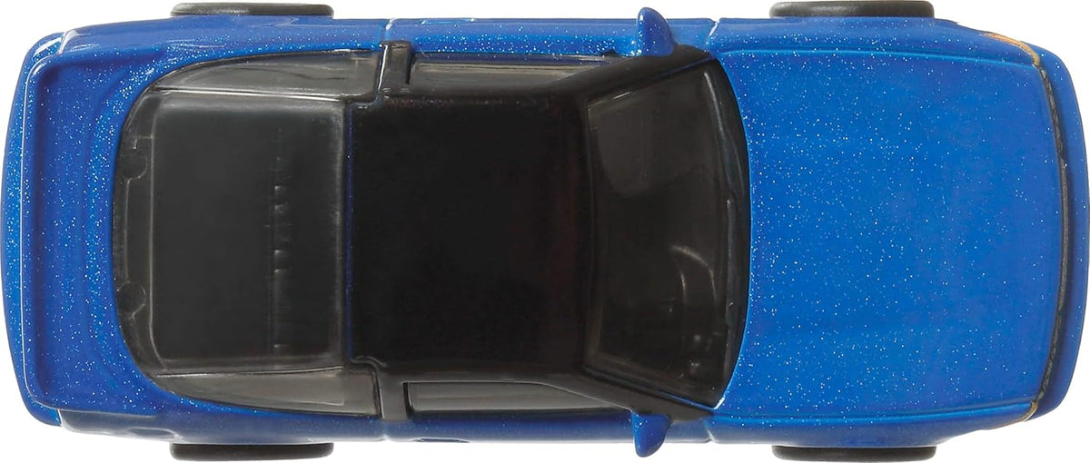 above view of bright blue model car on white background